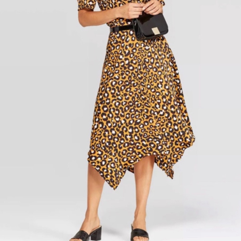 Who What Wear Mustard Leopard Print Midi Skirt